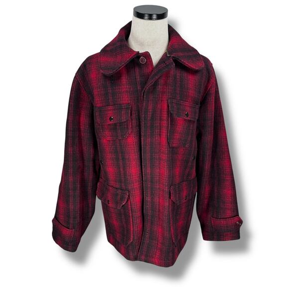 Vintage Woolrich Jacket Men’s 44 Red Black Plaid Wool 30s 40s Hunting Coat Heavy - Picture 1 of 13